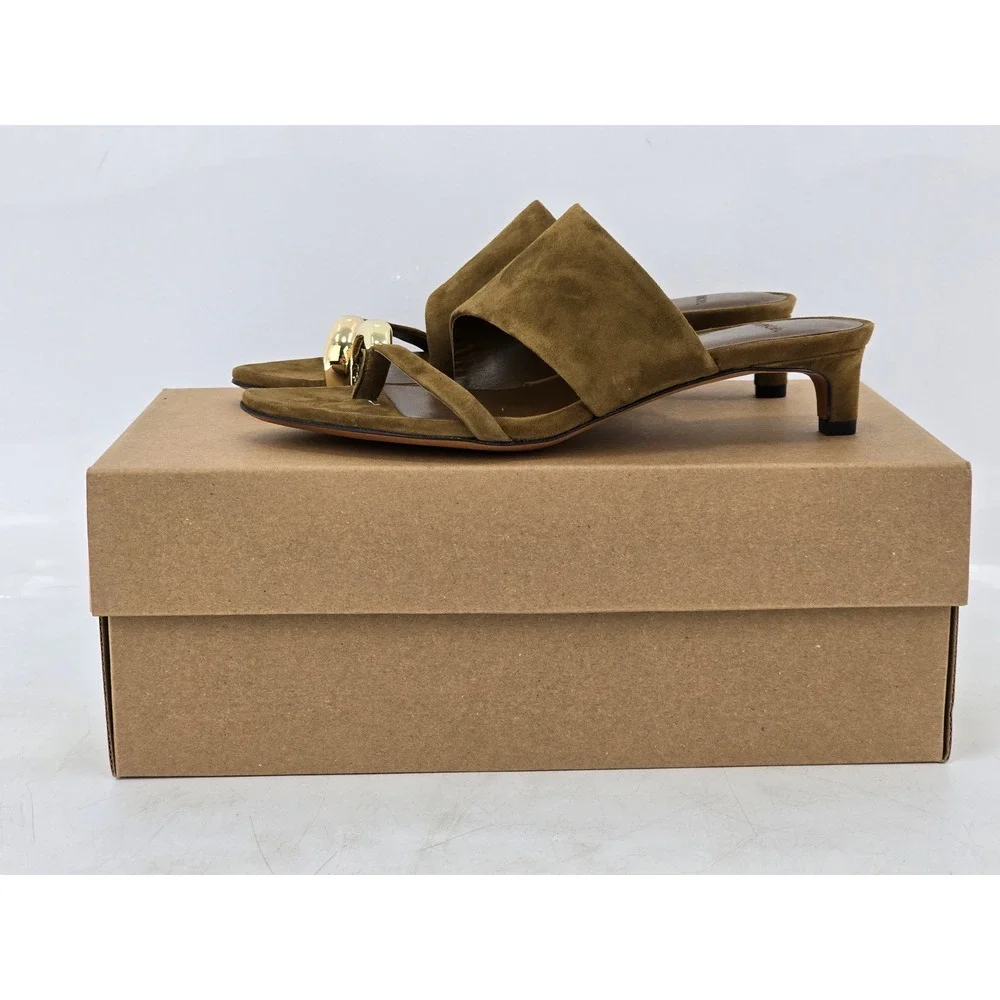 Vince Suzie Kitten Heel Sandals Womens 5 Olive Green Suede Toe Ring - NEW
